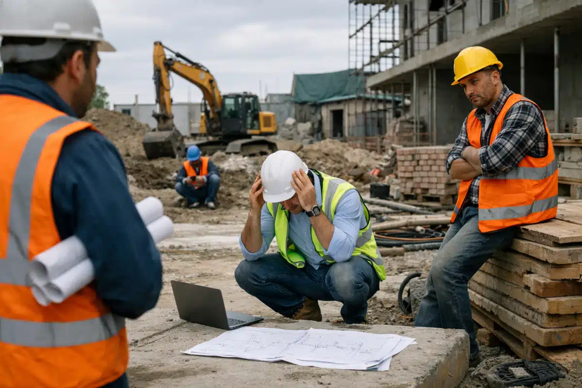 Ouvrier agenouillé, mains sur casque, plans au sol