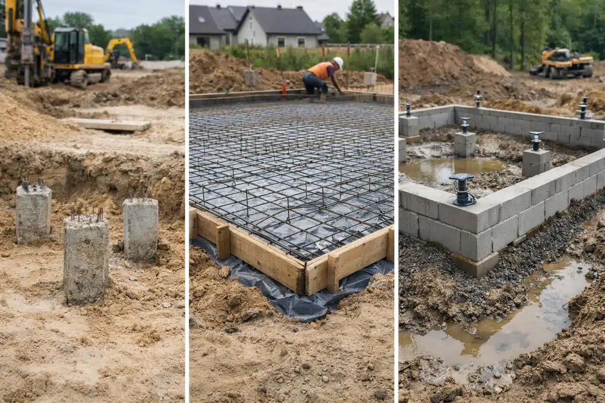 Fondations de maison avec treillis métallique et parpaings