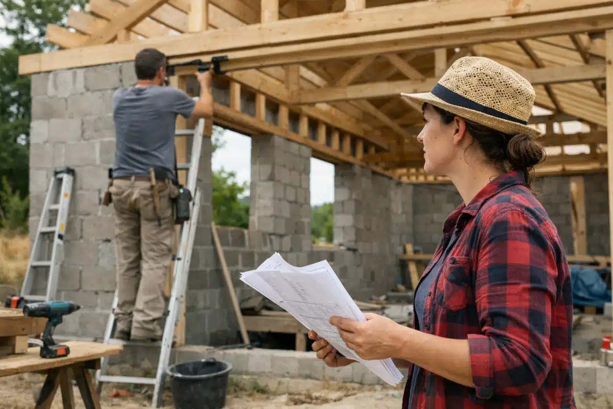 femme avec plans observant ouvrier installant la charpente