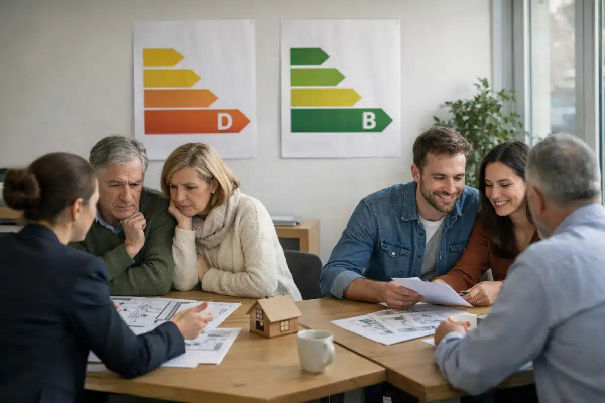 Quatre personnes examinant des documents, étiquettes énergétiques murales