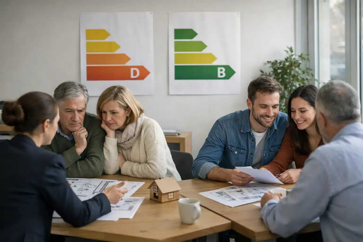 Quatre personnes examinant des documents, étiquettes énergétiques murales