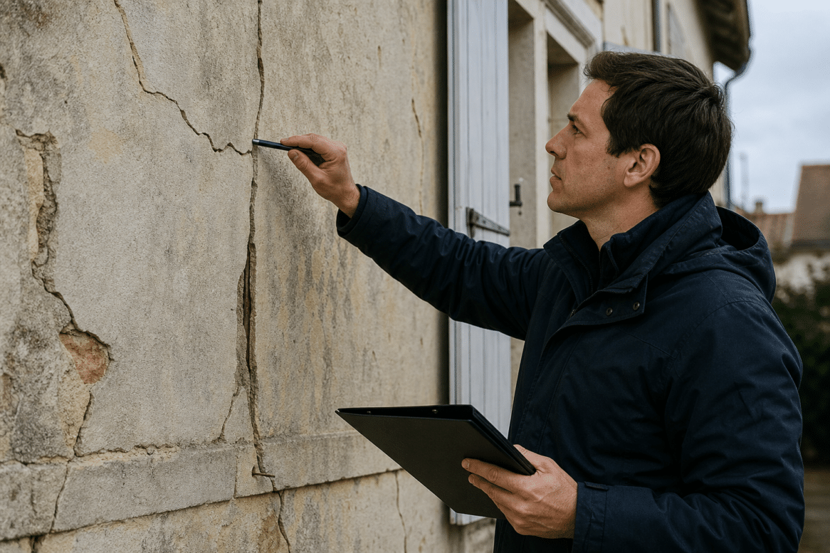 Technicien inspectant une fissure murale avec tablette