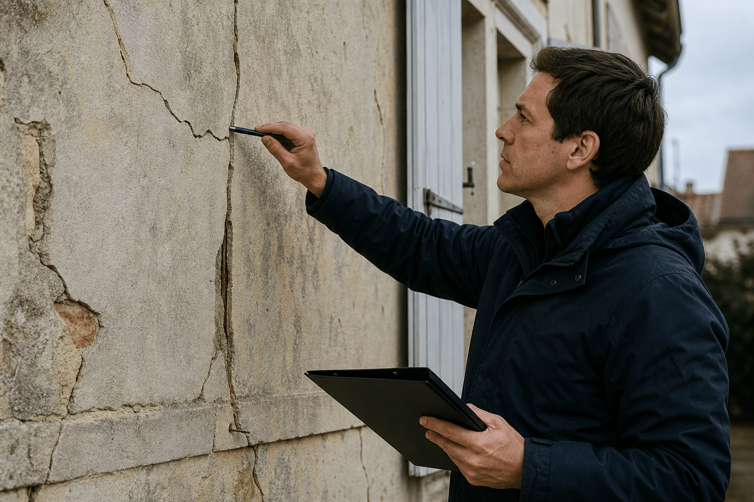 Technicien inspectant une fissure murale avec tablette