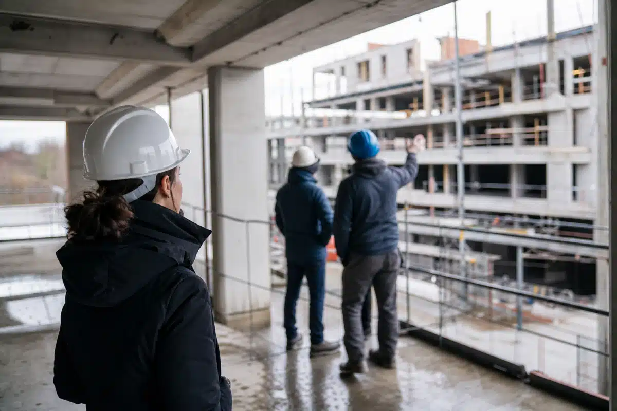 Trois ouvriers en casque observant bâtiment en construction